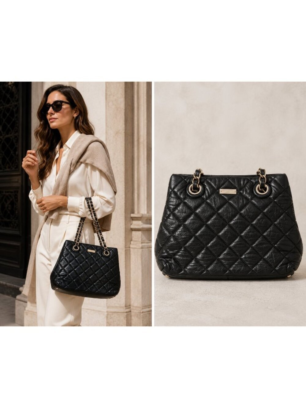 Kate Spade New York Black Quilted Leather Chain Shoulder Tote Bag Gold Tone